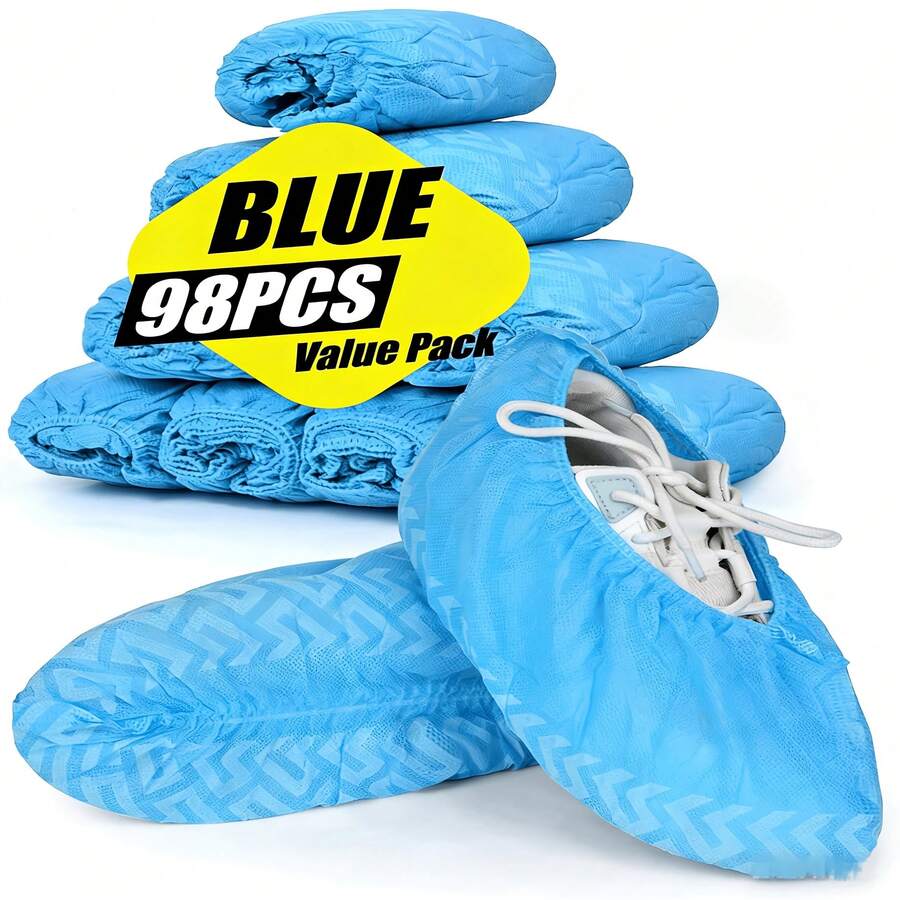 100 Pieces (50 Pairs) Of Extra-Thick, Non-Slip, Disposable Printed Non-Woven Shoe Covers. Breathable, Dustproof. Suitable For Indoor And Outdoor Use. Features Include: Breathable Design, Non-Slip Sole, And Non-Slip Shoe Cover. - Blue - View 1