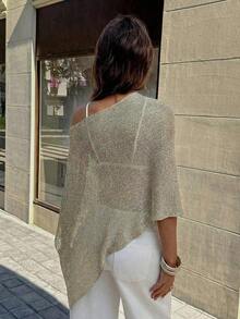 FOR BEAUTY Summer New Women's Solid Ribbed Olive Green Knit Cardigan, Asymmetric Hem Design, Fine Shiny Knit Fabric, Lightweight & Breathable, Slightly Loose Fit Suitable For Various Body Types, Vacation & Casual Style Top, Suitable For Holiday, Boho, Sexy, Summer Women's Clothing - 彩虹的顏色 - 查看 9