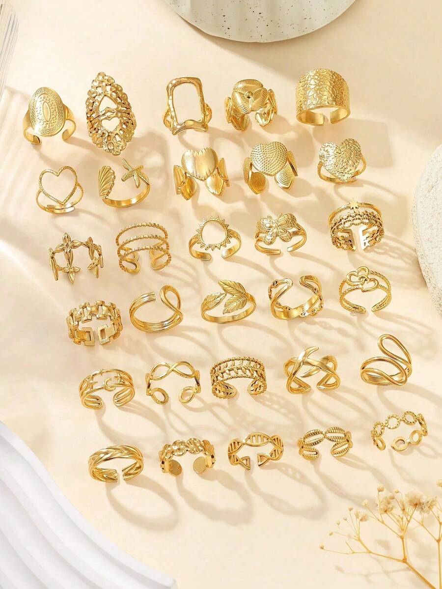 Set de 3/6/9/12/24 piezas de anillos abiertos de acero inoxidable, versátiles para uso diario, ir al trabajo, fiestas y como regalo para mujeres - color acero - Ver 1