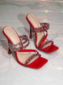 1 Pair Solid Color Rhinestone Embellished High Heel Sandals, Square Toe Stiletto Heels For Women, Summer - Red - View 7