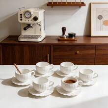1 Set/6 Sets Sunflower Pattern Coffee Cup & Saucer Set, 6pcs Small Espresso Cup Set. Retro Embossed Ceramic Cup Set, Afternoon Tea Gift Box, Minimalist Style Mug, Pure White Embossed Ceramic Coffee Cup & Saucer Set, Afternoon Tea Tableware, Coffee Cup & Saucer Set With Ceremonial Vibe - Multicolor - View 7