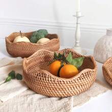 Handwoven Brown Round Rattan Storage Basket, Multi-Size UFO Shaped Fruit Bowl, Washable Desktop Organizer For Living Room, Kitchen, Office, Party Table Serving Tray For Candy, Snacks, Coffee & Bread, Jewelry, Stationery & Cosmetics, Christmas Gift - Yellow - View 3