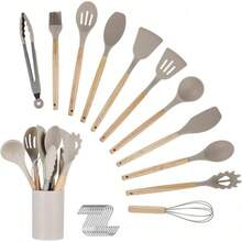 Set di 12 utensili da cucina in silicone con manici in legno, antiaderenti e adatti per padelle antiaderenti, con manici antiscivolo, include spatola, mestolo e frusta. - Grigio/Kaki - Visualizzare 6