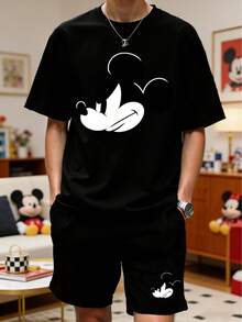 Disney 2pcs Printed Men's Casual Loungewear Set, Round Neck Top And Shorts, Suitable For Spring/Summer - Black - View 10