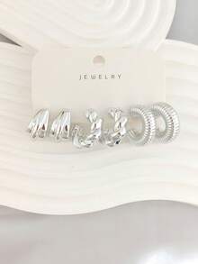 6/18pcs Women Silver Tone Fashion Earring Set, Includes Ball Stud Earrings, Smooth C-Hoop Earrings, 5-Petal Flower Stud Earrings, Cat Claw Stud Earrings, Wide C-Hoop Earrings, Textured C-Hoop Earrings, Fashionable & Elegant/Refreshing Silver Tone Earring Set, Great Gift For Friends, Lovers, Mothers - Silver - View 3
