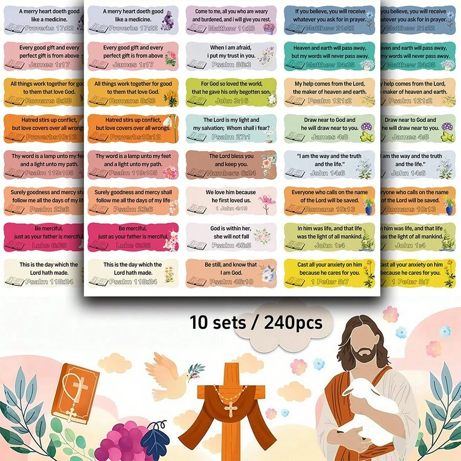 10 sets/240 piezas Pegatinas cristianas con versículos bíblicos, 24 diseños únicos, etiquetas de Escritura impermeables para diarios bíblicos, bolsas de regalo, sobres y tarjetas, calcomanías motivacionales religiosas para mujeres, hombres y maestros - A - Ver 1