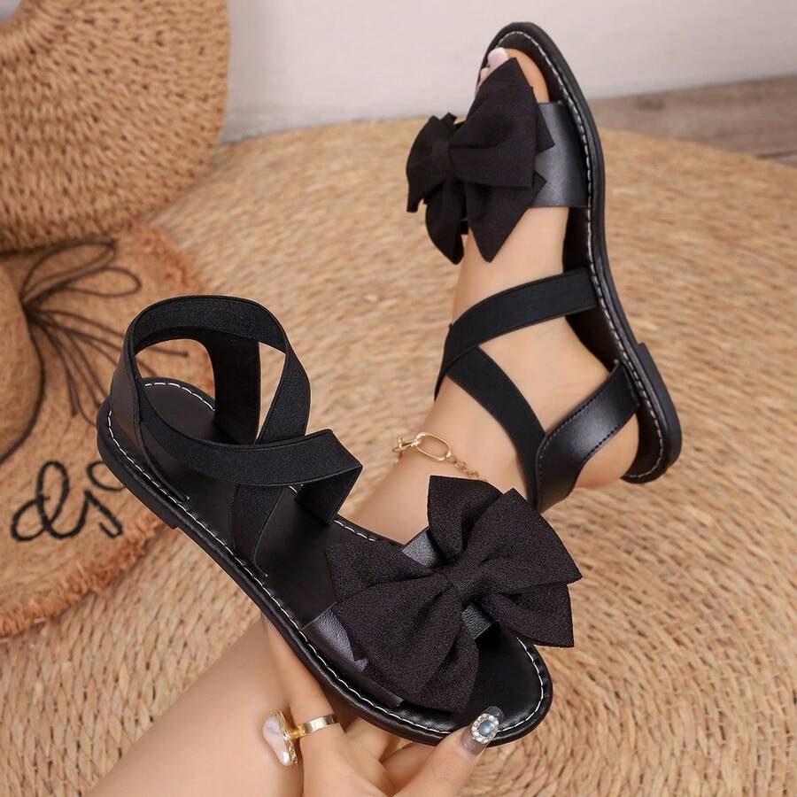 Women's Wide Width Flat Sandals, Fashion Elastic Band Comfy Loose Breathable Outdoor Casual Lightweight Sandals, Suitable For Party, Beach, Versatile & Elegant - 黑 - 查看 1