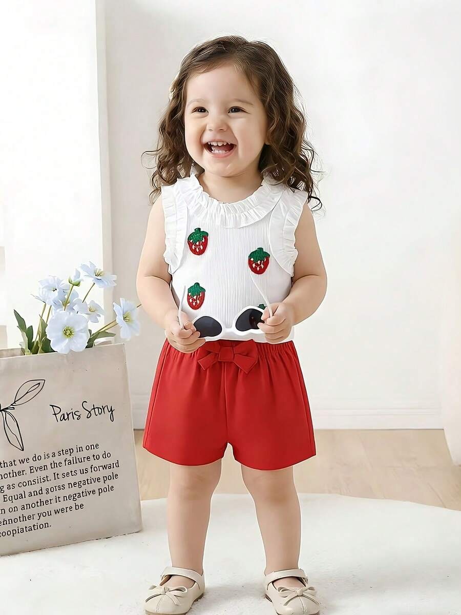 2pcs Girls Strawberry Decor Ruffle Collar/Cuff Sleeveless Top + Red Bow Accent Shorts Set, Cute Casual Outfit For Daily Wear - White - View 1