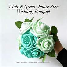 1 bó hoa hồng nhân tạo màu trắng và xanh ombre, phụ kiện chụp ảnh cưới cho cô dâu và phù dâu, kết cấu hoa hồng sống động như thật. - chuyển sắc xanh trắng - Xem 2