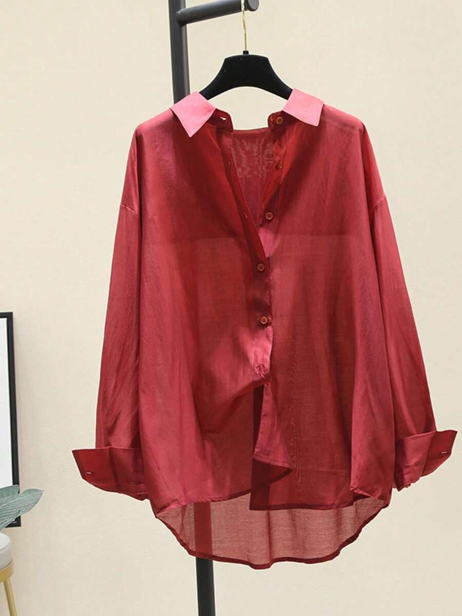 Women's Solid Color Versatile Single-Breasted Semi-Sheer Long Sleeve Shirt, Suitable For Commuting And Office Red - Red - View 1