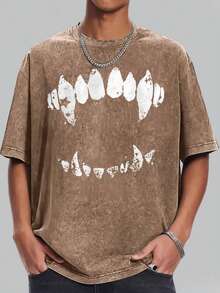 Funny Graphic Tee Short Sleeve T-Shirt Vintage Wash Tee Black Teeth Graphic Print Casual Daily Wear Y2K Street Wear Unique Quirky Pattern Short-Sleeve T-Shirt - Coffee Brown - View 8