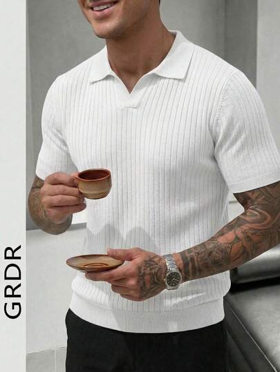 GRDR 男士夏季飞机领罗纹纯色短袖针织衫，适合夏季外出，时尚造型必备单品
