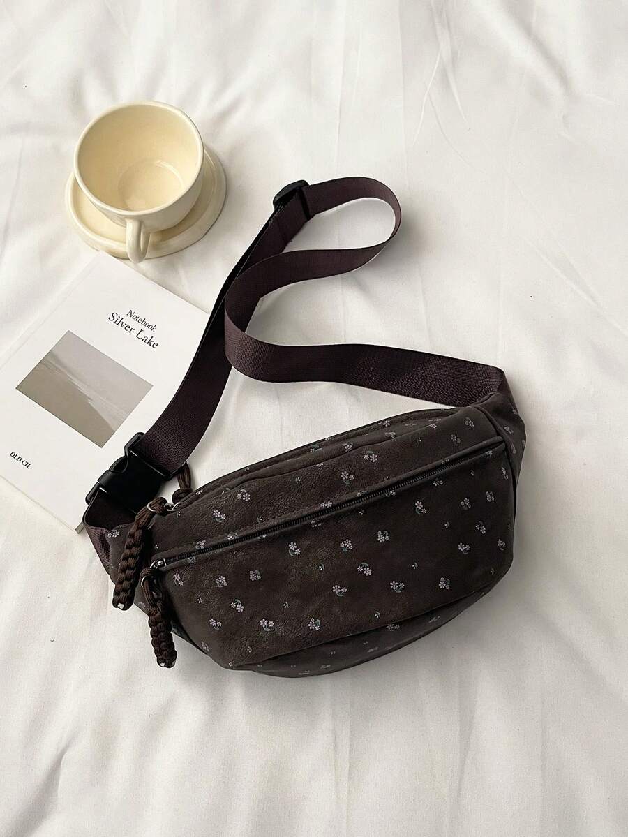 Canvas Artistic Printed Crossbody Chest Bag. New Large-Capacity Portable Front Chest Bag. Waist Bag - Coffee - View 1