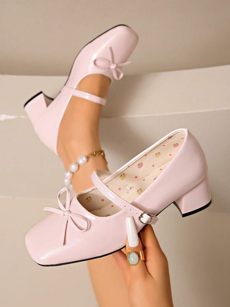 Zapatos de tacón alto tipo Mary Jane para mujer, con punta redonda y cerrada, tacón grueso bajo con un lindo acento de lazo, adecuados para bodas, graduaciones, eventos nupciales, fiestas de oficina, ocasiones formales, cómodos, con estilo retro y elegantes - Rosa - Ver 1
