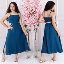 Women's Long Dress In Premium Duna Fabric With Thin Straps, Waist Cutout, Adjustable Elastic Back, Flowing Skirt With Side Slit, Elegant Fit, Comfortable And Modern Casual Chic Design - 水鴨藍 - 查看 3