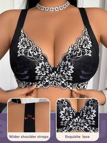 MEIYATING Plus Size Women's Floral Pattern Soft & Comfortable Lightweight Contrast Color Elegant Sexy Supportive Everyday Bra - Black - View 6