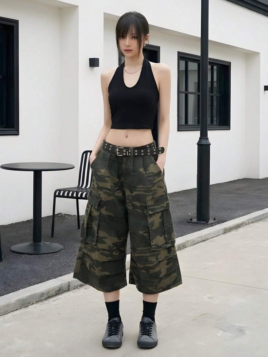 YEAE | 女士七分迷彩阔腿休闲牛仔裤 - 迷彩 - 查看 1