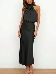 Bestselling European & American Fashion Women's Satin Sleeveless Midi Black Dress, Elegant Versatile Design Evening Gown Party Summer - 黑色 - 查看 4