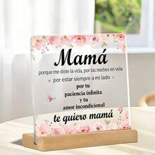 1pc Flat Acrylic Piece With Wooden Base, Spanish Text And Floral Design, Desktop Decor, Birthday, Anniversary, Mother's Day Gift - 1PC - View 1