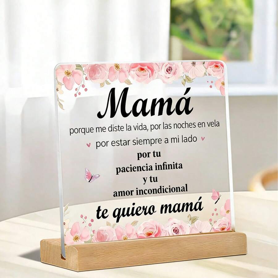 1pc Flat Acrylic Piece With Wooden Base, Spanish Text And Floral Design, Desktop Decor, Birthday, Anniversary, Mother's Day Gift - 1PC - View 1
