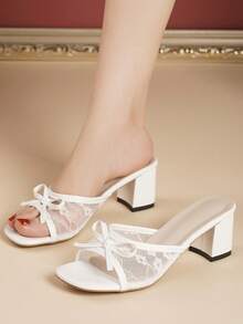 Giày sandal đế dày ren trắng có nơ, dép bít mũi vuông bằng lưới kiểu mới, giày cao gót thanh lịch, kiểu dáng nhẹ nhàng phù hợp cho hoạt động ngoài trời, giày cao gót trắng duyên dáng dành cho nữ, giày mùa hè. - trắng - Xem 2