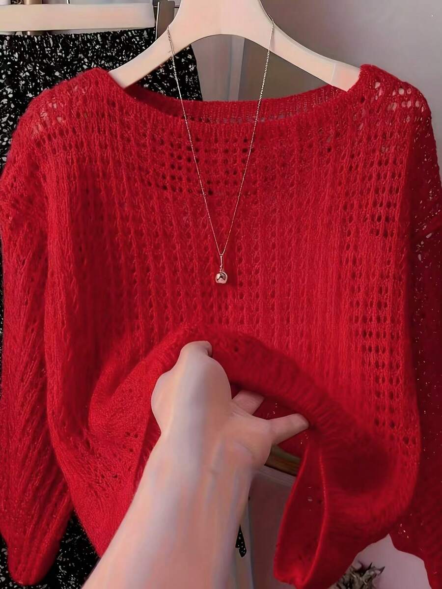 Casual Loose Solid Color Hollow Relaxed Style Knit Top For Women Red - Red - View 1