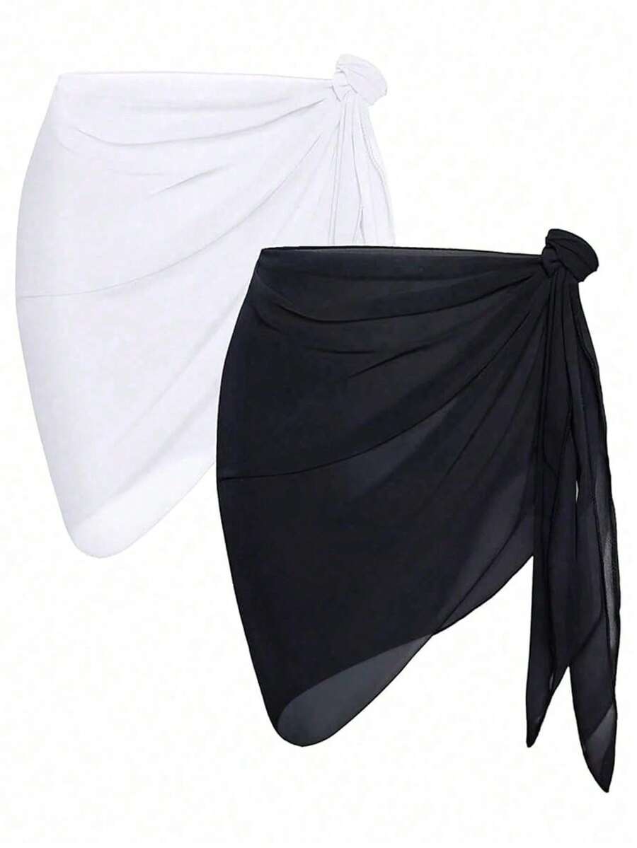 Bộ 2 món/1 món áo choàng đi biển đen trắng cho nữ, áo khoác ngoài bikini trong suốt, phù hợp cho trang phục du lịch biển. - Đen và trắng - Xem 1