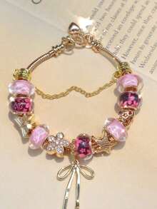 1pc Pink Cherry Blossom Charm Bracelet, Cute Ribbon Bracelet, Vintage Floral Bracelet, Butterfly & Starfish Bracelet - 銀色 - 查看 7