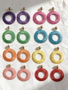 Pendientes colgantes de círculo hueco tejidos de raffia vibrante, joyería de declaración con cuentas doradas bohemias para mujer, para playa, vacaciones, fiestas y regalos - Azul - Ver 2