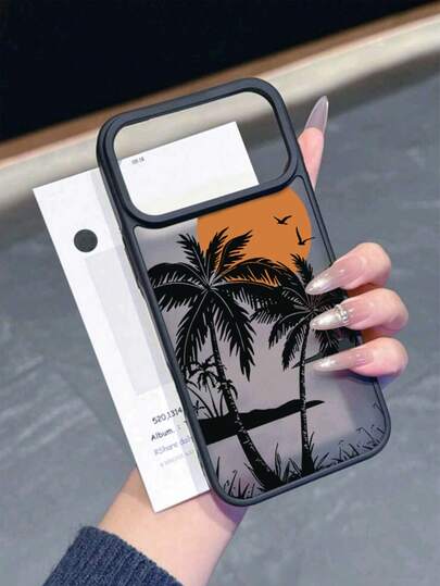 Resort Style 1pc Black Matte Transparent Phone Case With Sun & Coconut Tree Pattern, Compatible With IPhone 17, 17 Pro, 17 Air, 17 Pro Max, 11, 11 Pro, 11 Pro Max, 12, 12 Pro, 12 Pro Max, 13, 13 Pro, 13 Pro Max, 14, 14 Pro, 14 Plus, 14 Pro Max, 15, 15 Pro, 15 Plus, 16, 16 Pro, 16 Pro Max, 16 Plus