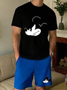 Disney 2pcs Printed Men's Casual Loungewear Set, Round Neck Top And Shorts, Suitable For Spring/Summer - Blue - View 7
