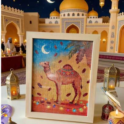 Eid Al-Adha Camel & Crescent Moon Framed Puzzle, Muslim Festival Gift, Arabic Style Crescent Moon Decor, Eid Al-Fitr Family Gift