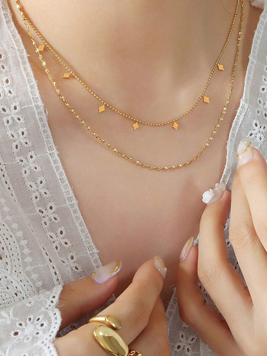 女士不锈钢镀金双层多菱形流苏闪亮花瓣链项链 - 金黃色 - 查看 1
