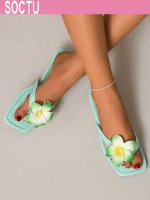 Dép xỏ ngón Plumeria dành cho nữ, dép đế bằng mũi vuông, giày đi biển mùa hè. - màu xanh lá - Xem 6