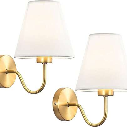 1/2件，现代金色/黑色壁灯，配白色布艺灯罩，拉丝黄铜或黑色壁灯，配白色布艺灯罩，E27灯座，适用于卧室、客厅、浴室、走廊的梳妆台壁灯，经典金色壁灯，柔和白色布艺灯罩，适用于卧室床头柜、浴室梳妆台、农舍风格装饰（不含灯泡）