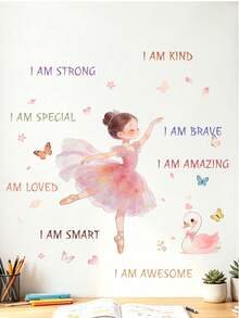 1pc Cartoon Girl Motivational PVC Wall Stickers Heart Butterfly Decorative Self-Adhesive Wall Decals For Living Room Bedroom Background - Multicolor - View 2