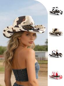 Polyester Cow Print Cowboy Hat - Leather Rivet & Cow Skull Decor, For Riding, Outdoor Travel, Cowboy Party & Daily Wear,Beach,Holiday - B - View 13