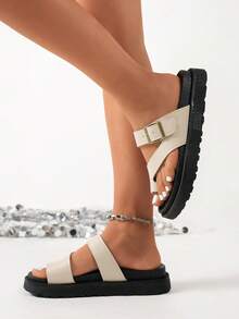 Sandalias de plataforma con hebilla metálica, suela gruesa y cómoda, adecuadas para uso diario en verano, sandalias de cuña - Beis - Ver 4