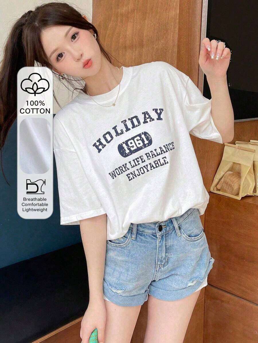 Camiseta de manga corta con estampado de letras , hombros caídos, corte holgado, Holiday 1961. El equilibrio entre el trabajo y la vida es agradable. Verano, 100% algodón. - Blanco - Ver 1