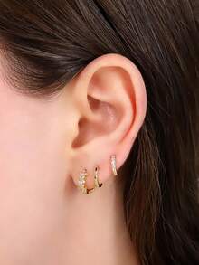 3件套单耳全镶钻耳环，光滑素圈耳环，星形排钻多孔可叠戴耳环 - 耳環 - 查看 8