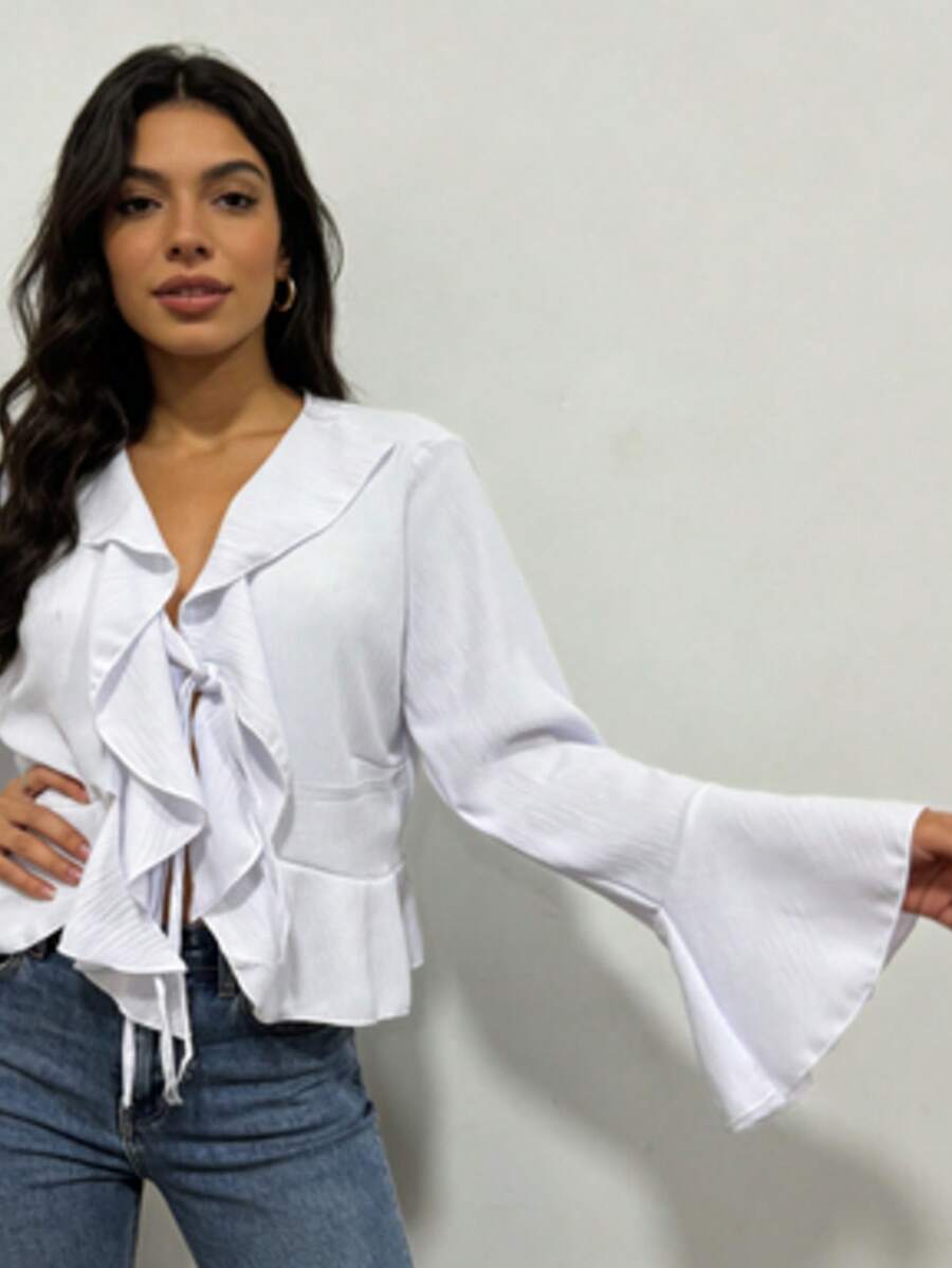 Chiffon Peak And Bell Sleeve Blouse - White - View 1