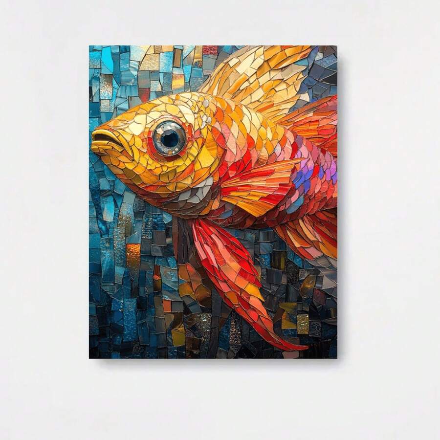 Lienzo con diseño de obra maestra oceánica vibrante - Marco de madera de 16" x 24", diseño de mosaico de peces coloridos, perfecto para la decoración del hogar y la oficina, añade encanto costero, lienzo envuelto en un original marco decorativo - Enmarcado - Ver 1