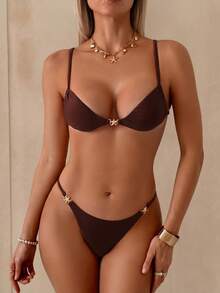 Bộ bikini 2 mảnh gợi cảm dành cho nữ, với phụ kiện bóng bẩy và chất liệu đặc biệt, thích hợp cho kỳ nghỉ hè, đi biển hoặc các hoạt động thường ngày. - cà phê đen - Xem 1
