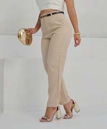 Women's High-Waisted Tailored Trousers With Belt | Elegant Formal Trousers With Pocket And Side Zipper - Màu be - Xem 2