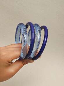 4件套复古树脂多色亚克力手镯，时尚百搭，适合女性日常佩戴。 - 寶藍色 - 查看 1