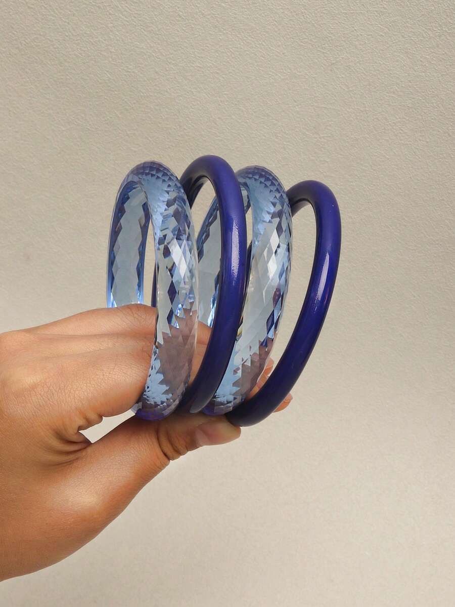 4件套复古树脂多色亚克力手镯，时尚百搭，适合女性日常佩戴。 - 寶藍色 - 查看 1