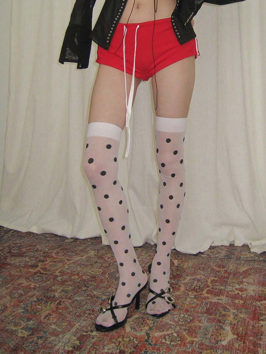 1 par de calcetines transparentes sobre la rodilla con estampado de lunares, calcetines largos de estilo Y2K delgados y transpirables para uso diario - Blanco - Ver 1