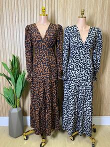 Women's Dress In Printed Crepe With Long Sleeves - 棕色美洲豹 - 查看 3