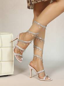Women's Stiletto Heeled Sandals, Fashion Minimalist Strap With Rhinestone Snake Wrap Round Toe, Basic Style For Summer & Autumn - Pink - View 10