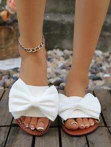 2026 Summer New Fashion Bow Slippers For Women, Vacation Style Soft Sole Plus Size Beach Sandals - White - View 3